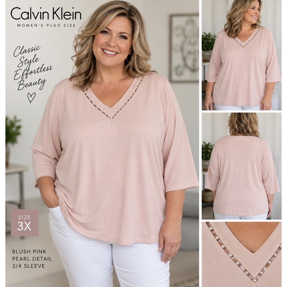 Calvin Klein Womens 3X Blush Pink Blouse Pearl Embellished V Neck 3/4 Sleeve